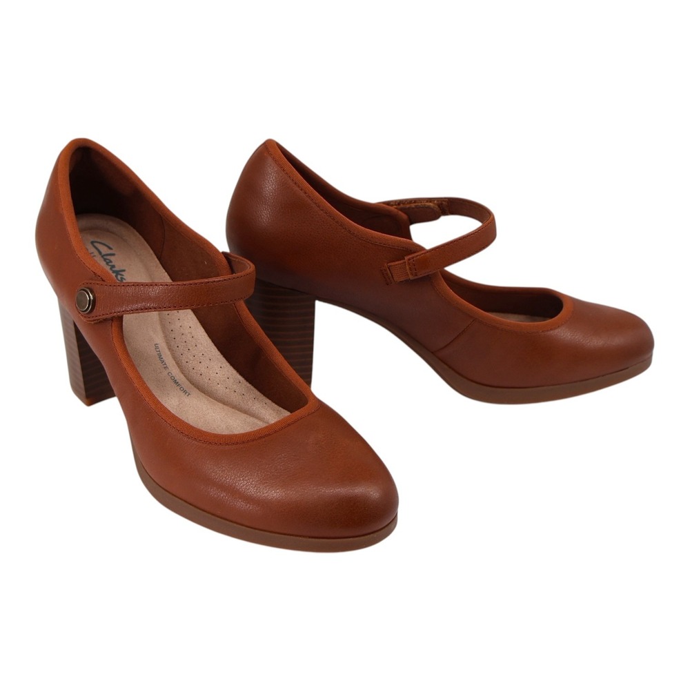 Clarks Bayla Lily Tan Leather Mary Jane Block Heel Pumps Wide Width 7.5 W New